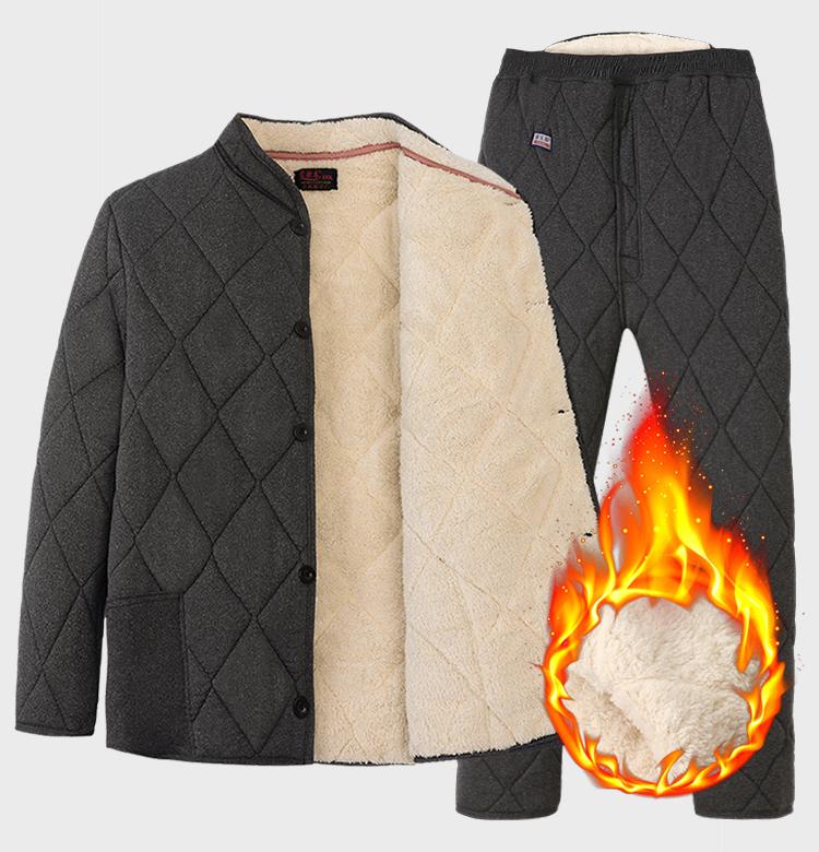 Men's Lambswool Winter Set: Warm Cotton Jacket and Pants for Elderly, Multi-Pocket Design
