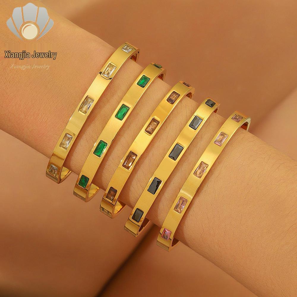 Emerald Cut Cubic Zirconia Titanium Steel Bracelet - Women's Fashionable European & American INS Style, Light Luxury High-End Jewelry