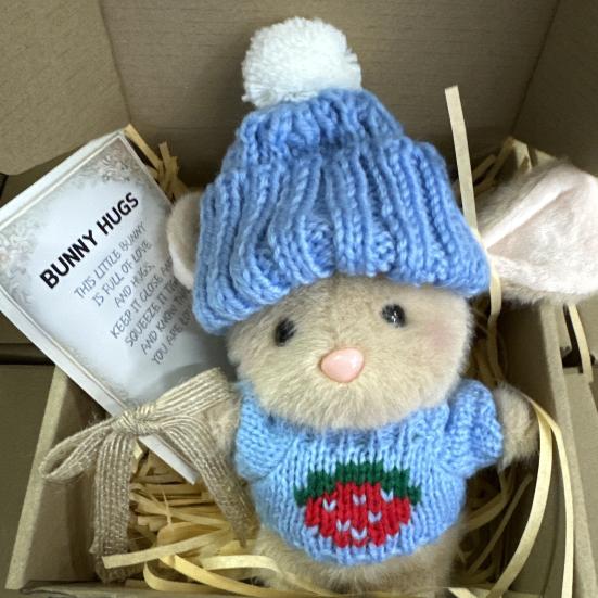 Mini-Häschen-Umarmung, Ostergeschenk, Plüsch-Kaninchenpuppe mit Strickmütze und Bommeltasche, emotionales Unterstützungstier mit Geschenkbox, inspirierende Karte