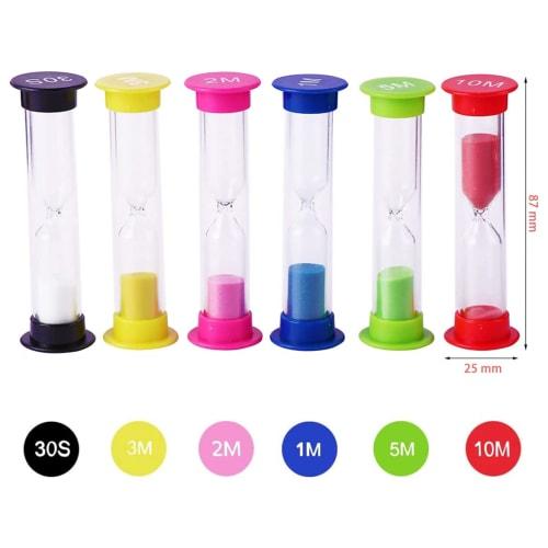 Set of 6 Colorful Plastic Sand Timers with 30 Second, 1 Minute, 2 Minute, 3 Minute, 5 Minute, and 10 Minute Functions for Toothbrushing, Time Manageme