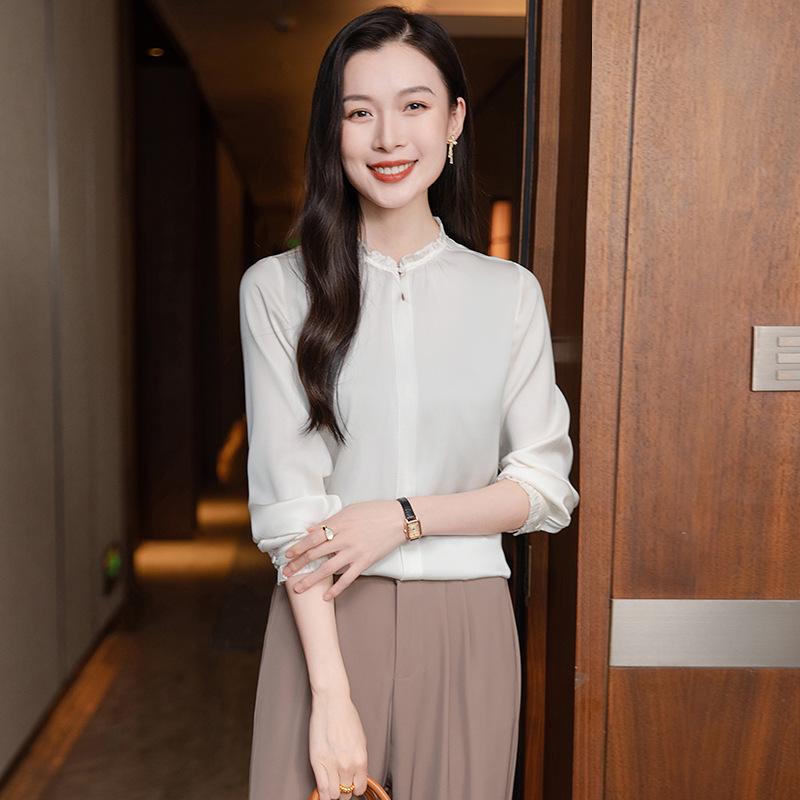 

Women s Heavyweight Silk Long Sleeve Top - Spring 2025 Korean Fashion, Solid Mulberry Silk Large чёрный