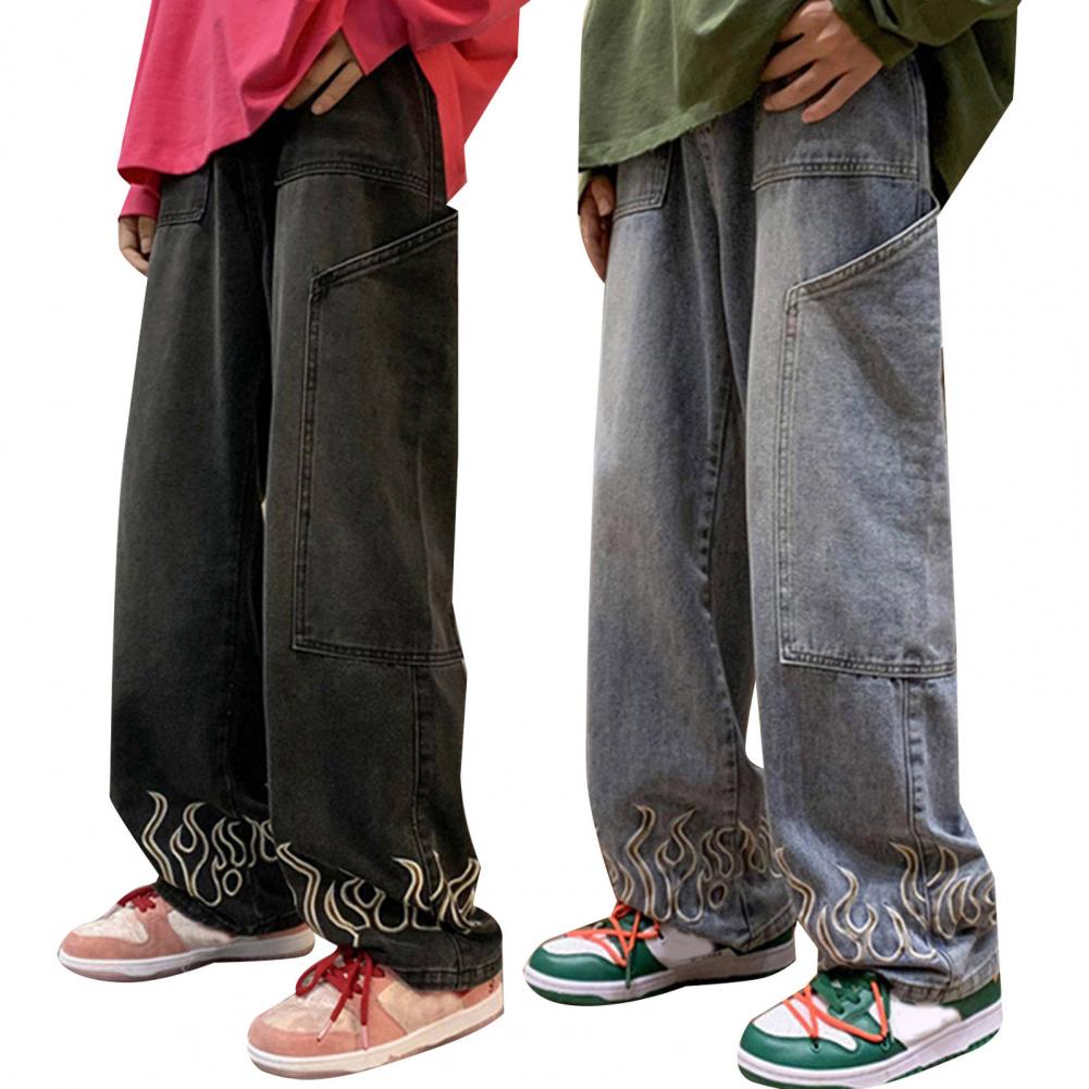 Muži Ležérní Džíny Flame vzor Velké kapsy Dlouhé kalhoty Rovné Široké nohavice High Street Distressing Denim Kalhoty