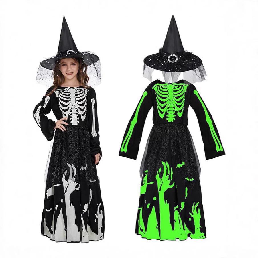 Halloween Girl Witch Costume With Printed Skirt For Kids Party Dress Up