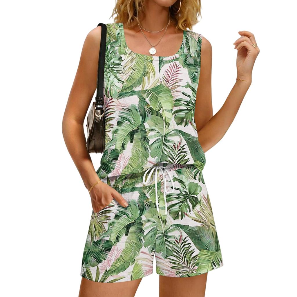 Completo Estivo Casual da Donna con Canotta a Stampa Floreale, Scollo Quadrato, Senza Maniche, Gilet Sportivo con Tasche e Pantaloncini, Abbigliamento Leggero per il Tempo Libero