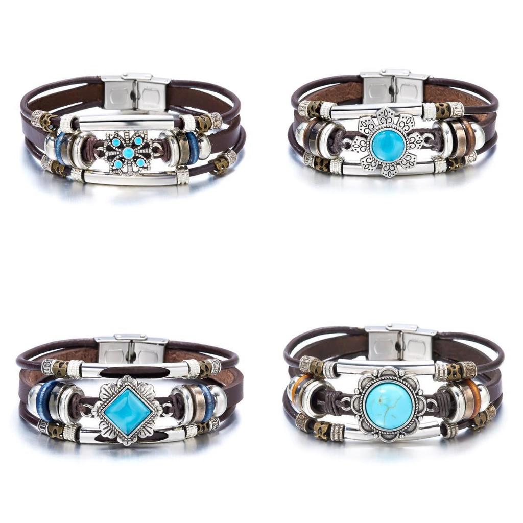 Vintage Turquoise Crystal Floral Triple-Layer Leather Bracelet