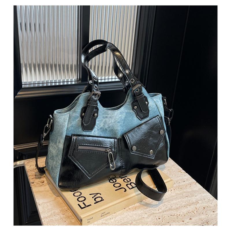 Vintage Euro-American Large Capacity Shoulder Bag New Crossbody Bag Patchwork Women Bag Minimalist Soft Leather Tote Bag