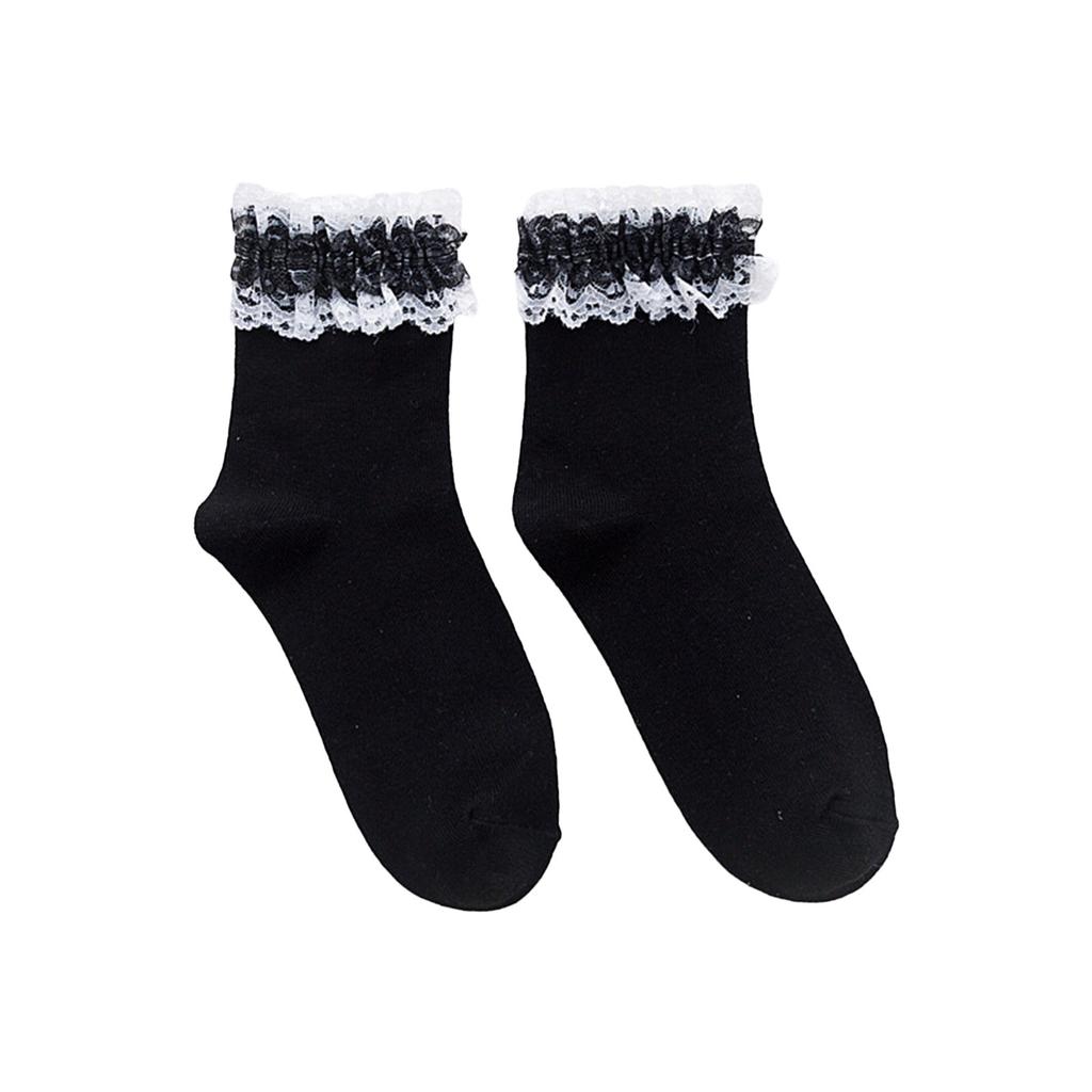 Stylish Lace Middle Tube Socks Girls Black White JK Cotton Breathable Casual Female