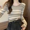 Women's Short and Unique Striped Long Sleeve T-shirt Knitted Base Top Slimming Blouse with Design Sense