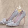 Xianfeng High Heels Silver Bow Wedding Shoes Xiuhe Bridesmaids Thin Heels Pointed Head Light Mouth Single Shoes