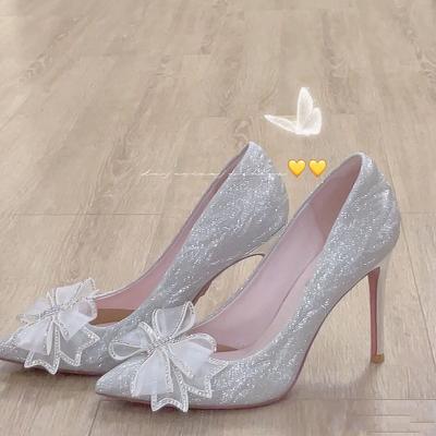 Xianfeng High Heels Silver Bow Wedding Shoes Xiuhe Bridesmaids Thin Heels Pointed Head Light Mouth Single Shoes