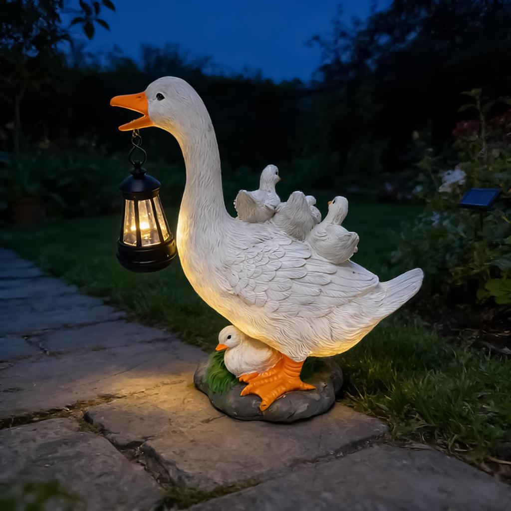 Garden Solar Sculpture Weatherproof Sunproof Night Lamp Duck Shape Solar-operated Garden Statue with Lantern for Patio Yard Lawn