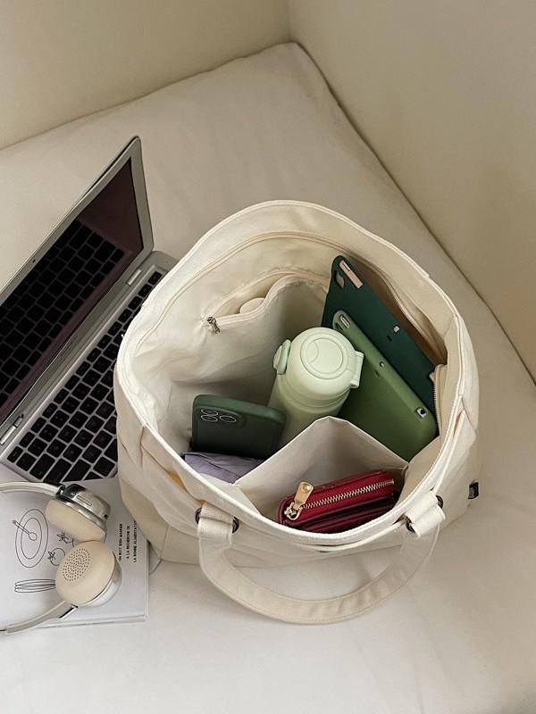 Korean Style Large Capacity Canvas Tote Bag - Lightweight, Solid Color, Shoulder Handbag with Print Logo