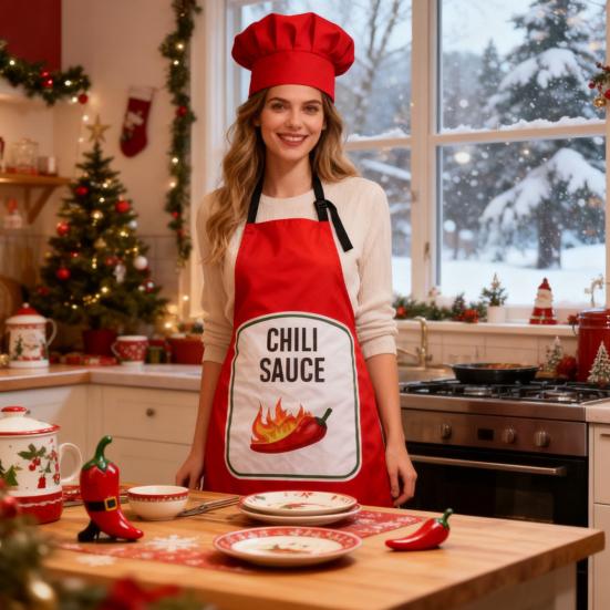 Sauce Kitchen Apron with Hat Adjustable Strap Breathable Christmas Halloween Cosplay Party Chili BBQ Teriyaki Sauce Chef Cooking Apron