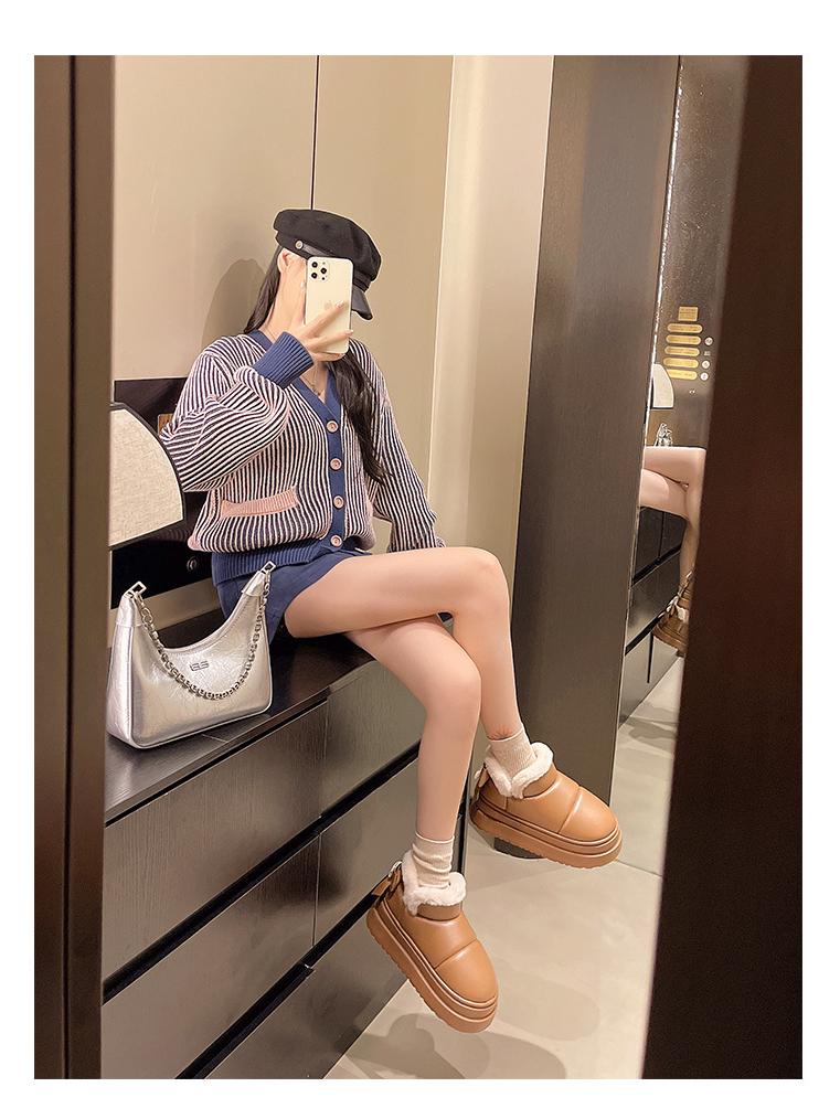 Women's Waterproof PU Leather Slippers: Thick Sole, Warm Velvet, Non-slip Bow Design for Outdoor Use