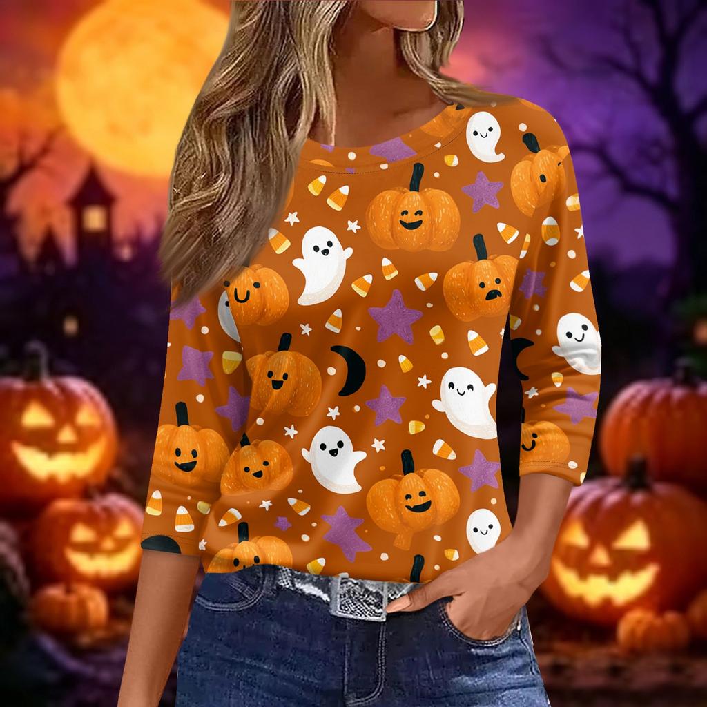 Women's Halloween and Pumpkin Print Short Sleeve Round Neck T-Shirt Casual Pullover Top