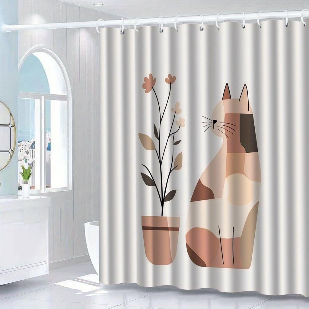 Whimsical Cat & Floral Shower Curtain - Artistic Design, Polyester, Machine Washable, Pink/Brown/White Cats, Perfect Bath Decor