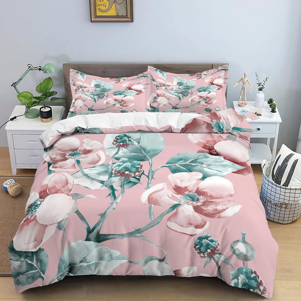 Flower Bedding Set Colorful Floral Duvet Cover Queen King Size Green Leaves Blossom Quilt Cover 2/3Pcs Polyester Comforter Cover