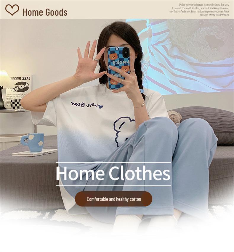 Women's Korean Style Cartoon Pajama Set - Short Sleeve, Long Pants, Plus Size, Casual Homewear