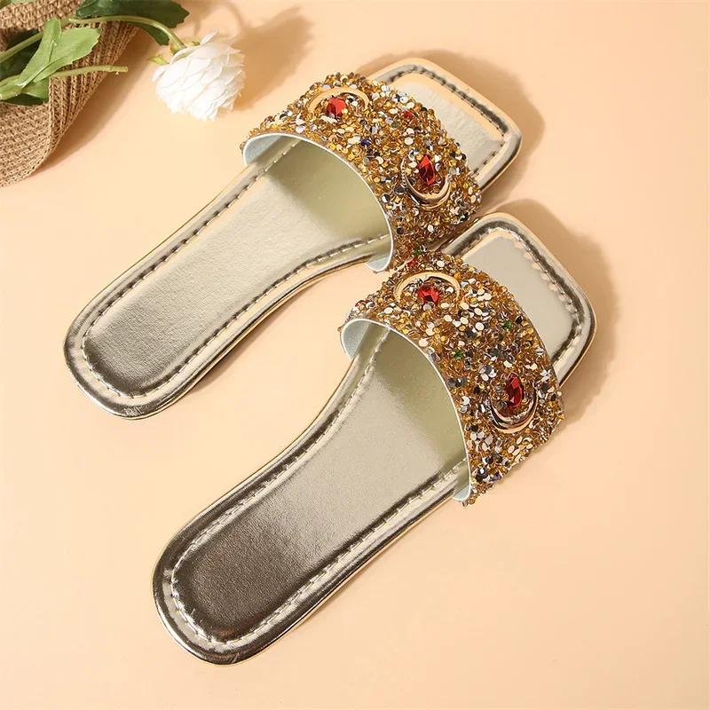 Fashion 2024 New Summer Style Fashionable Comfortable and Casual Flat Bottom Rhinestone Square Toe Wear-resistant Slippers for Women