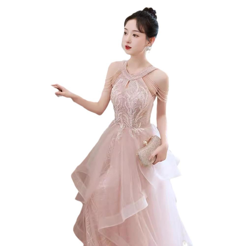 Evening Dress Women's Light Luxury Niche 1011 New Banquet Temperament Host Pink Evening Dress Engagement Toast