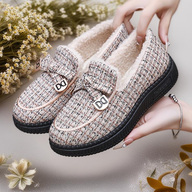 Women's Houndstooth Slip-On Moccasin-Style Shoes - Fleece-Lined Thick & Warm All-Season Comfort, Non-Slip EVA Sole, Round Toe Design with Lining