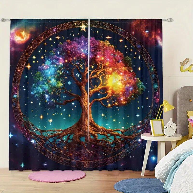 Colorful starry sky life tree pattern printed curtains   bedroom and living room   home decoration   room decoration