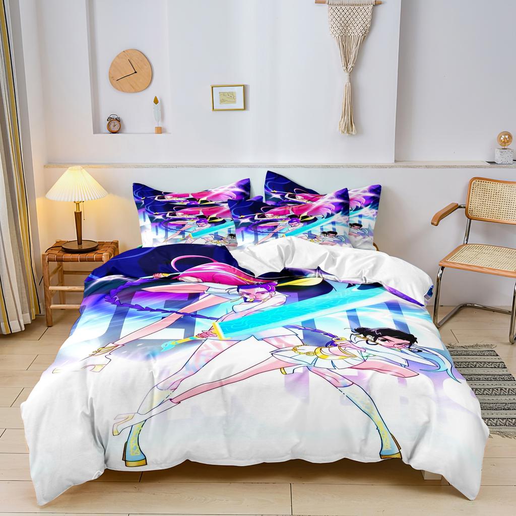 K-Pop Bettwäscheset Dämonenjäger Motiv Bunter Druck Polyester Schlafzimmer Bettlaken Bettbezug Geschenk Heimtextilien