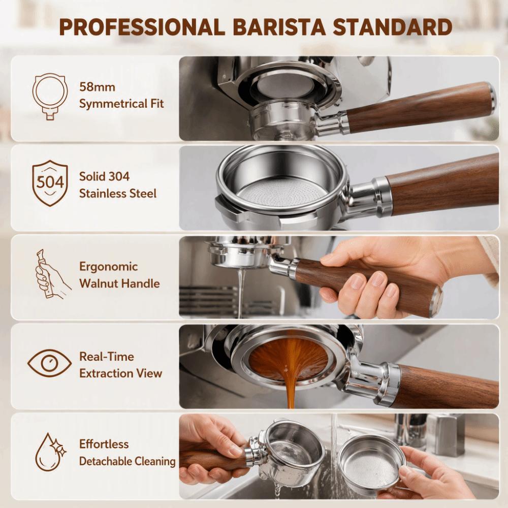 304 Stainless Steel and Wood Bottomless Coffee Portafilter for Barsetto Home
