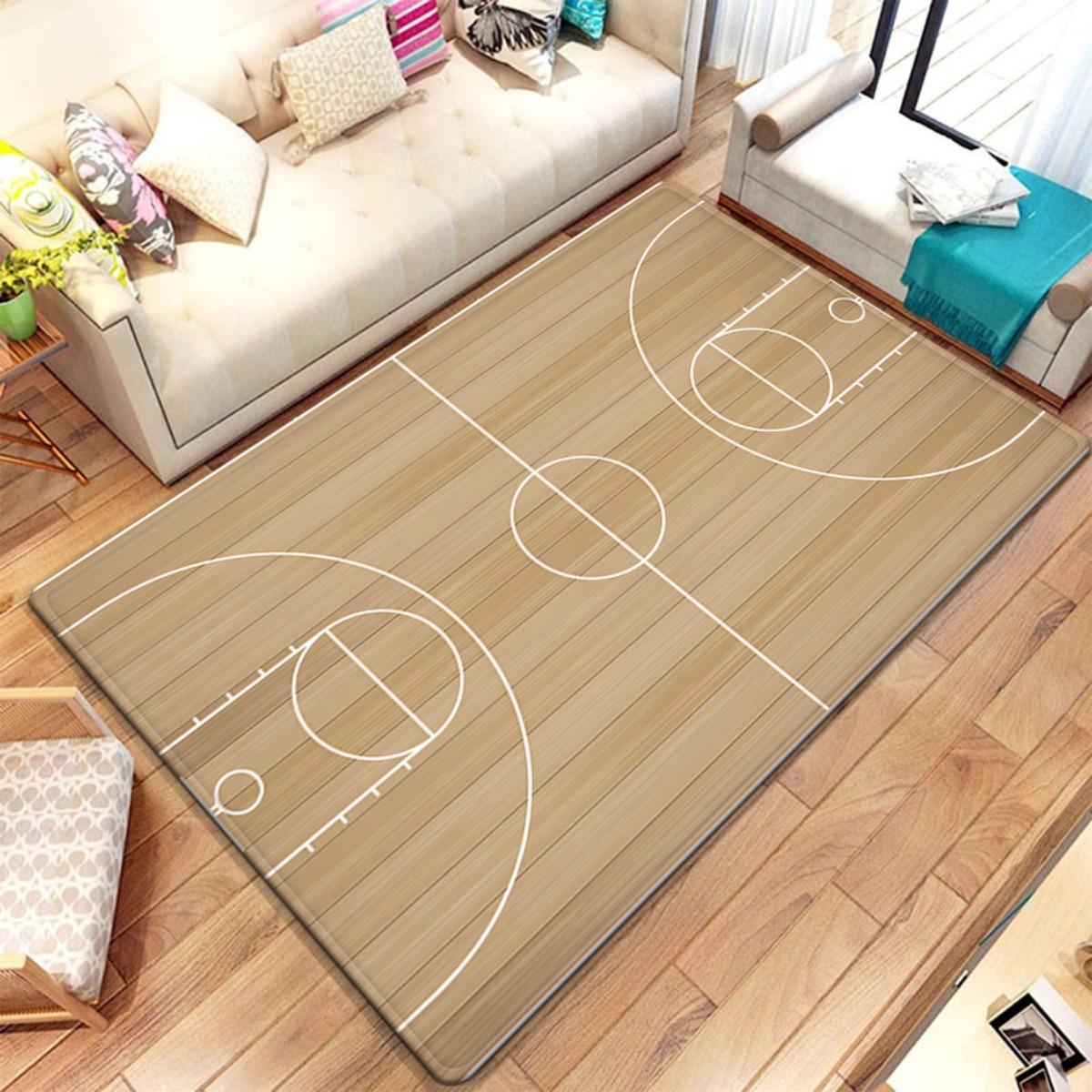 Basketball court design plush rug living room gym floor mat sports theme wood look soft carpet home decoration 60x90cm