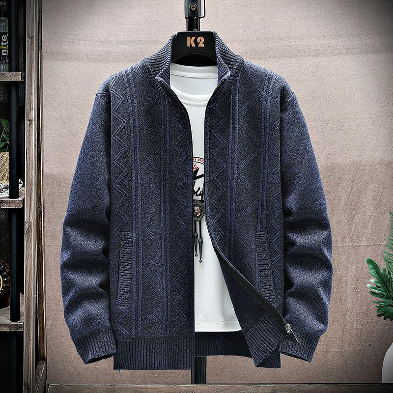 Autumn Winter New Sweater Cardigan Stand Collar Jacket Men's Velvet Thickened Trendy Casual