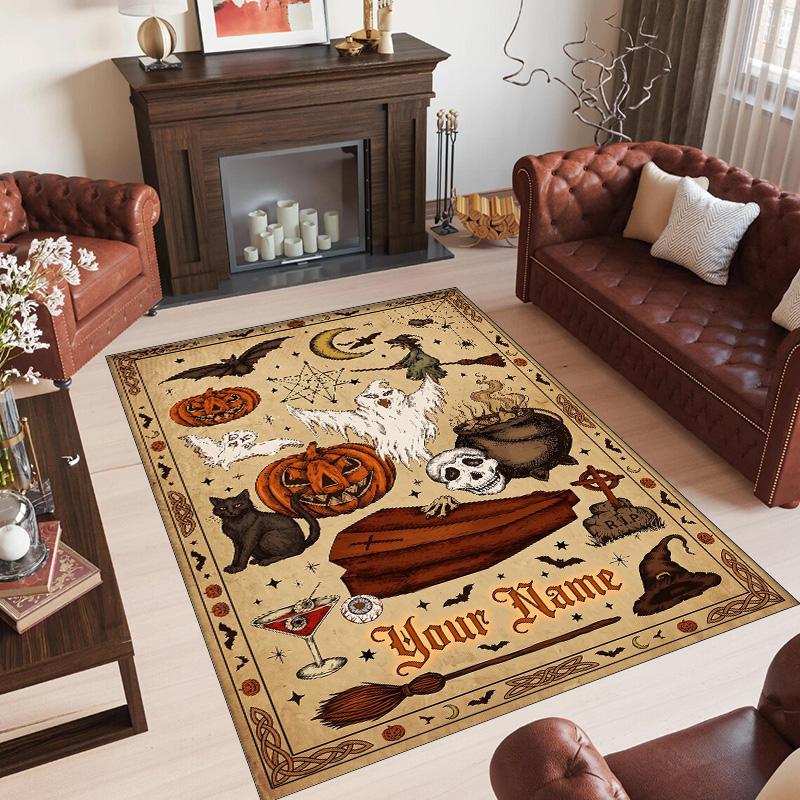 Halloween Theme Crystal Velvet Floor Rug Personalized Custom Name Text Warm Carpet Home Decoration