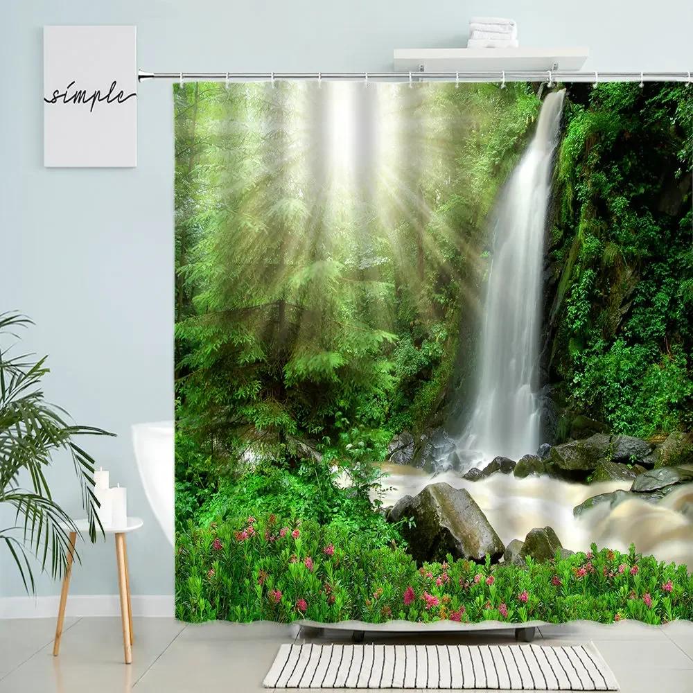 Tropical Jungle Scenery Shower Curtain Waterfall Forest Palm Leaf Green Plant Natural Landscape Home Bathroom Waterproof Screen Polyester Perfect For