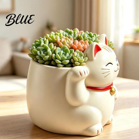 Gift for Housewarming Cute Fortune Cat Planter Resin Beckoning Kitty Flower Pot Auspicious Pot Indoor Plants Cartoon Plant Succulents Office