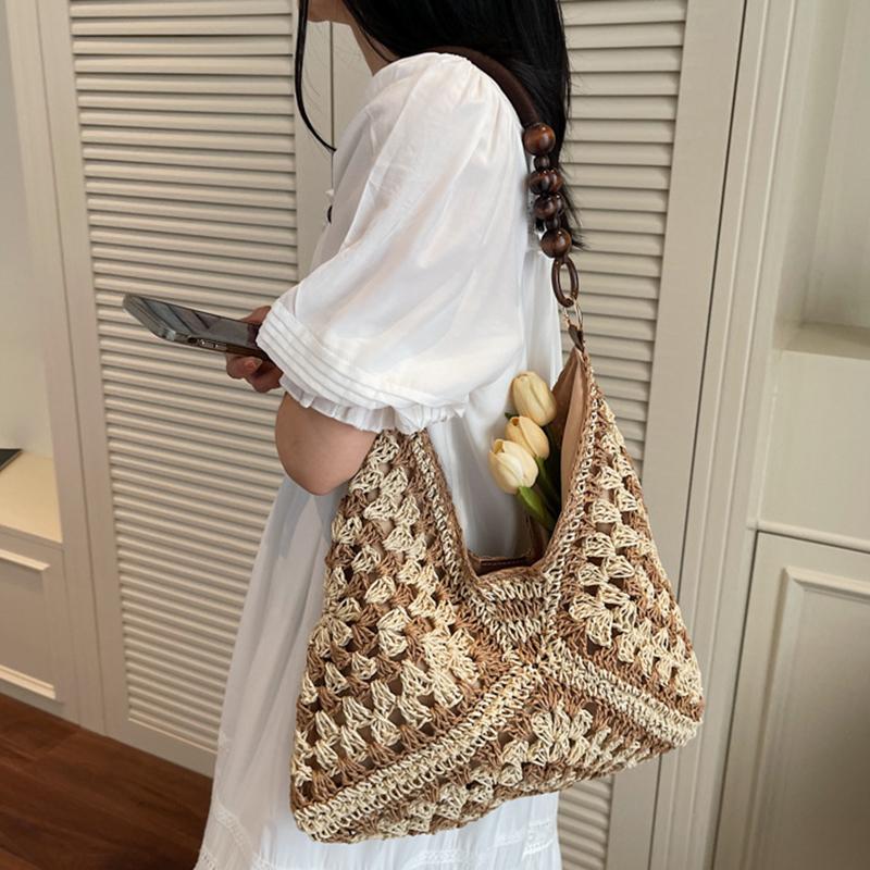 Yogodlns Trendy Hollow Out Straw Woven Bag Beach Handbag Large Capacity Bohemian Beach Bag Bucket Bag Tote Bag Hollow Shoulder Bag Travel