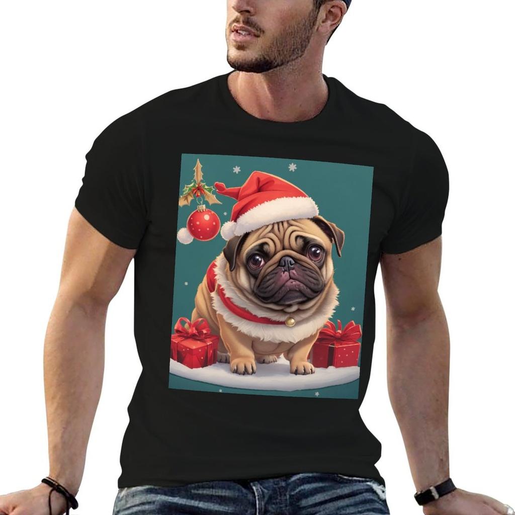 black pug christmas T-Shirt man t shirts cotton t shirt man casual t shirt man cotton T-shirt