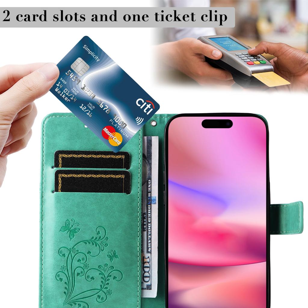 For iPhone 16 Wallet Case Floral Butterfly Imprinted Leather Phone Cover Stand