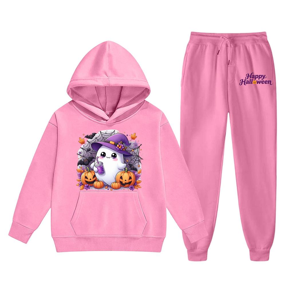 Kids Halloween Hoodie and Sweatpants Set Cute Ghost Print Pullover Hooded Sweatshirt and Matching Bottoms for Children Soft Comfortable Outfit