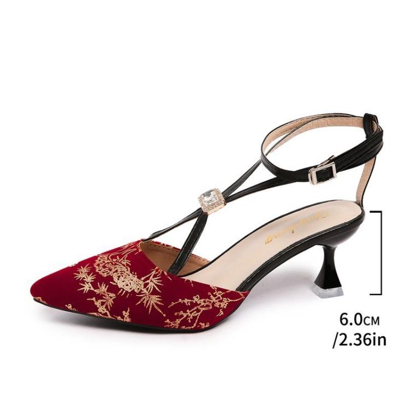 Women's Chinese Style Closed Toe T-Strap Stiletto Heels, Printed Denim Summer Dress Sandals