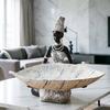 African Woman Holding Leaf Bowl Resin Statue Tribal Kneeling Figurine Jewelry Tray Desktop Decorative Snack Holder for Home Shelf Decor