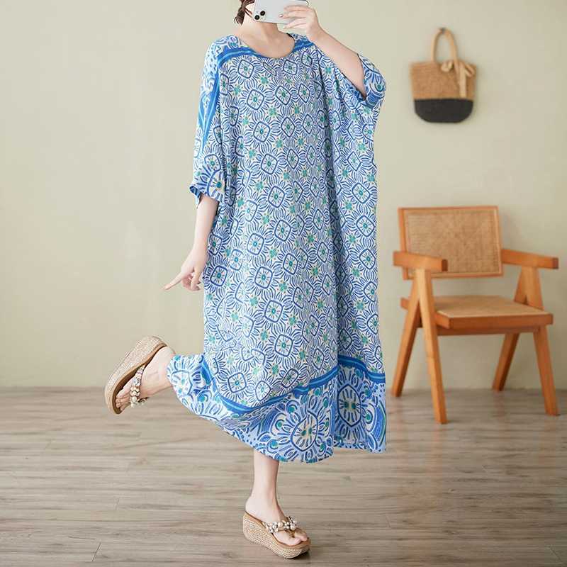 Summer Dress with Round Neck and Loose Shoulder Sleeves