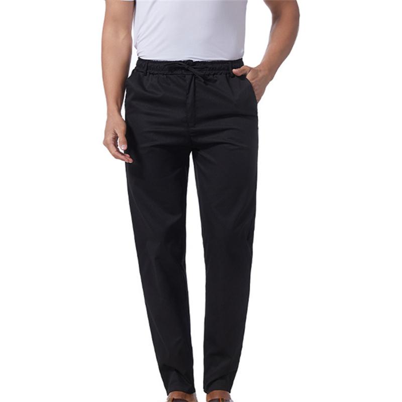 

Мужские однотонные хлопковые льняные брюки, свободные повседневные легкие брюки с эластичной резинкой на талии, мужские брюки с карманами L чёрный