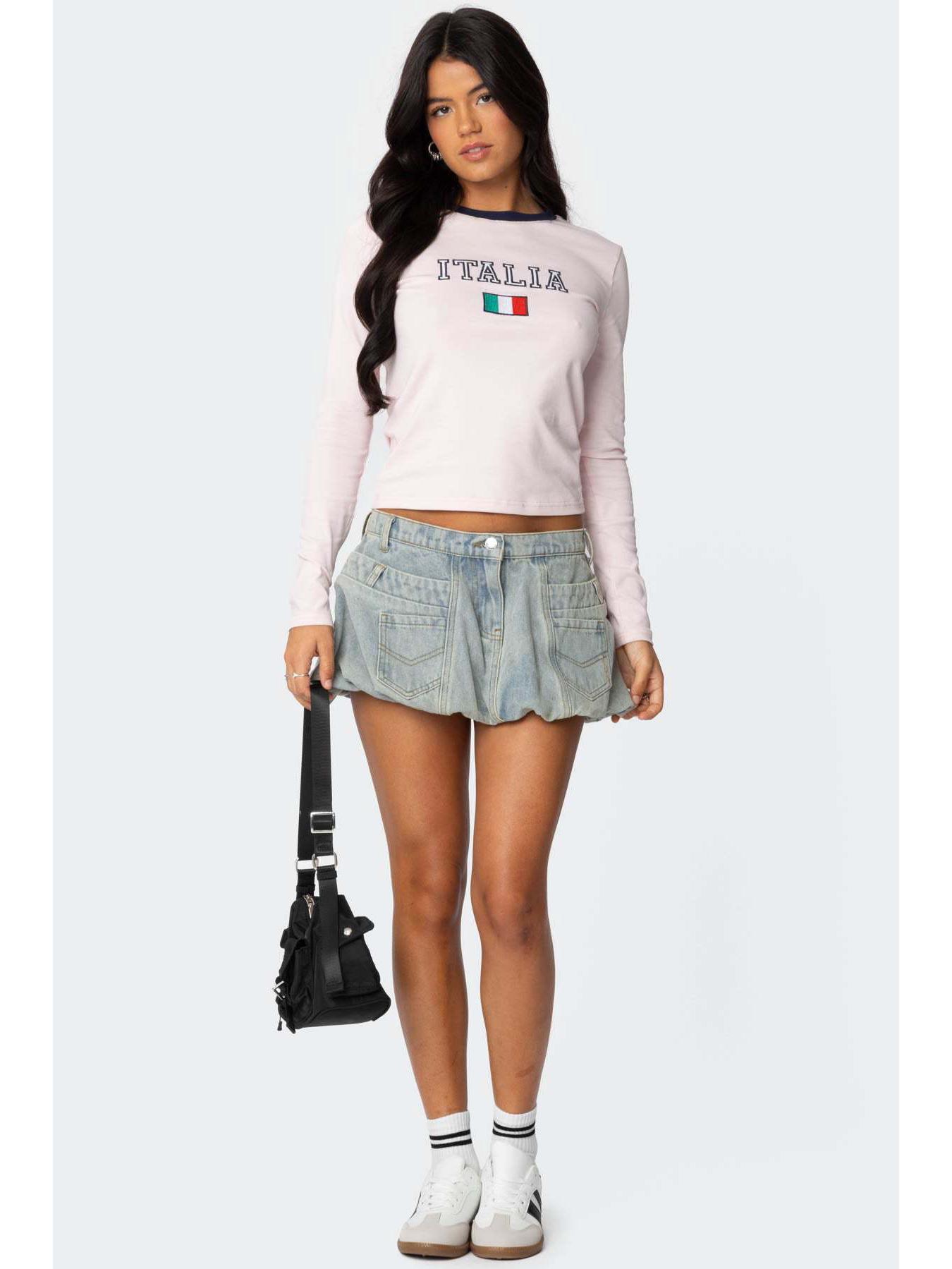 

Мини-юбка из денима с ретро-цветочным принтом — европейский и американский стиль Small светло-синий