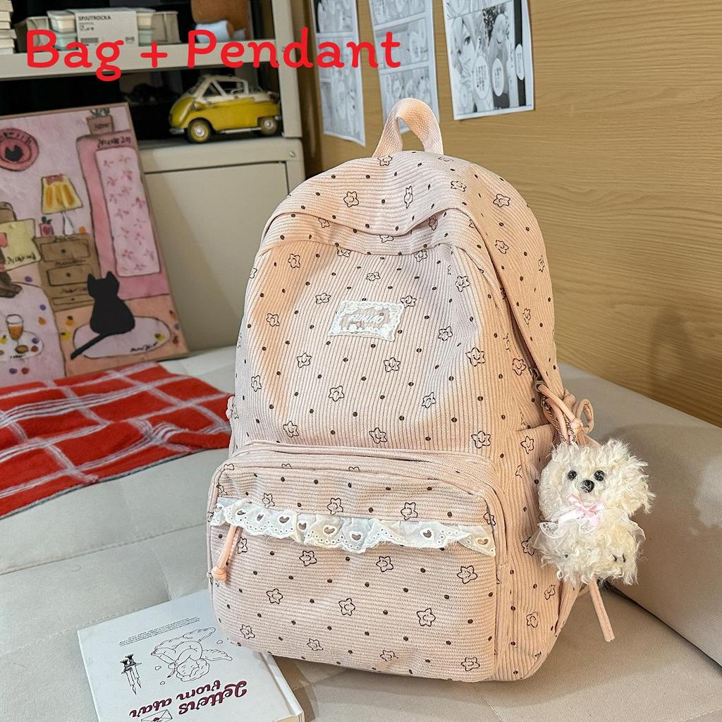 College Style Girl Small Backpack With Corduroy For Casual Travel And School Use