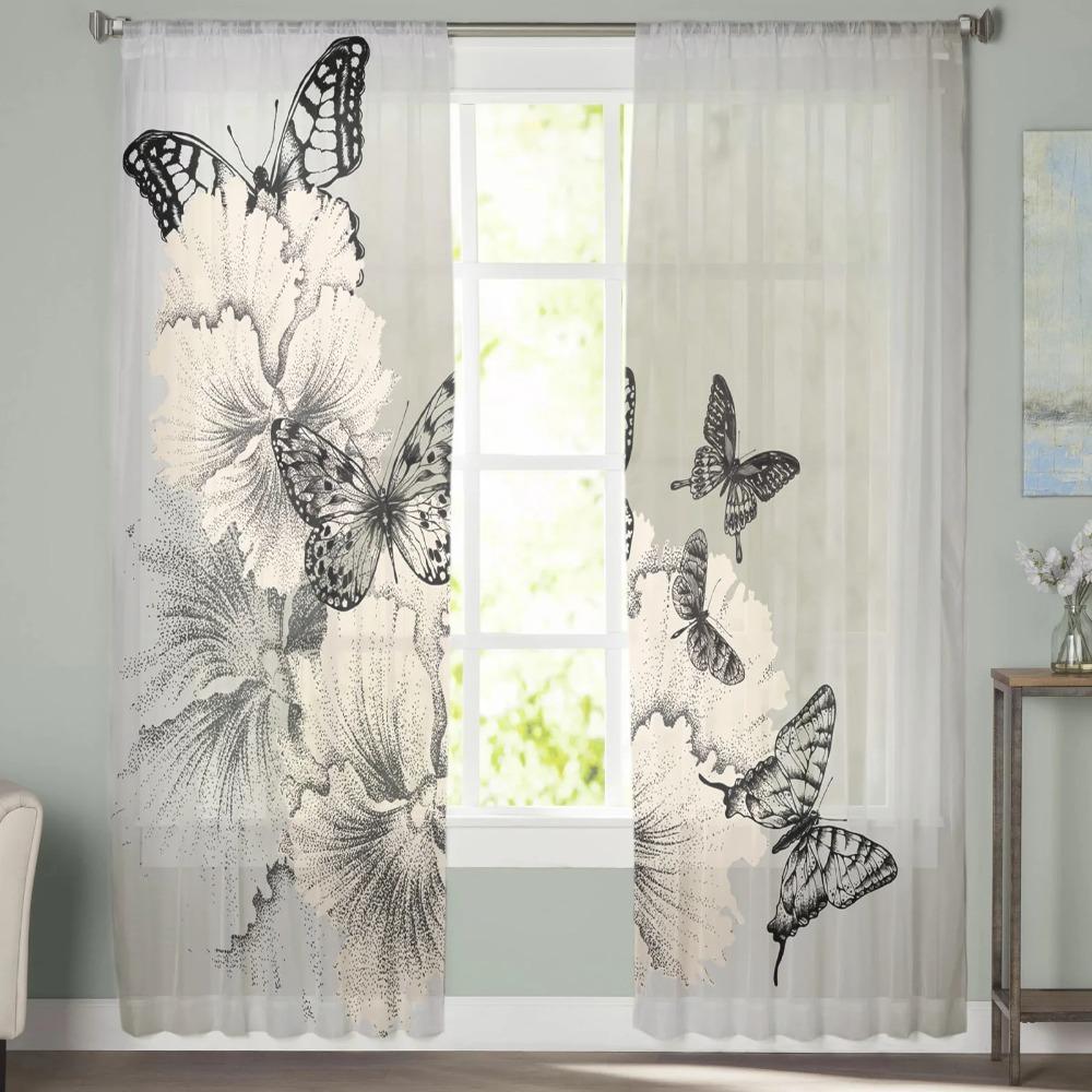 Black And White Butterfly Flower Art Drapes for Living Room Decoration Chiffon Sheer Kitchen Bedroom Curtain