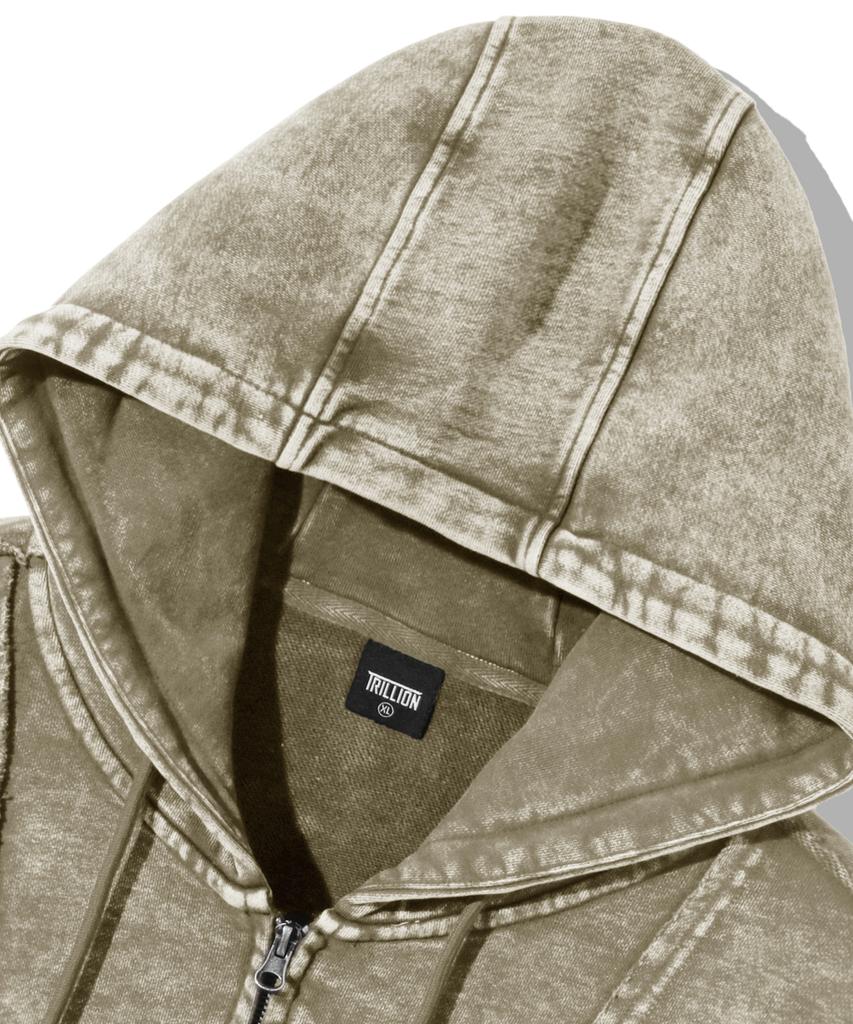 Felpa con zip oversized effetto distressed pigmentato Trillion [Kaki Chiaro]