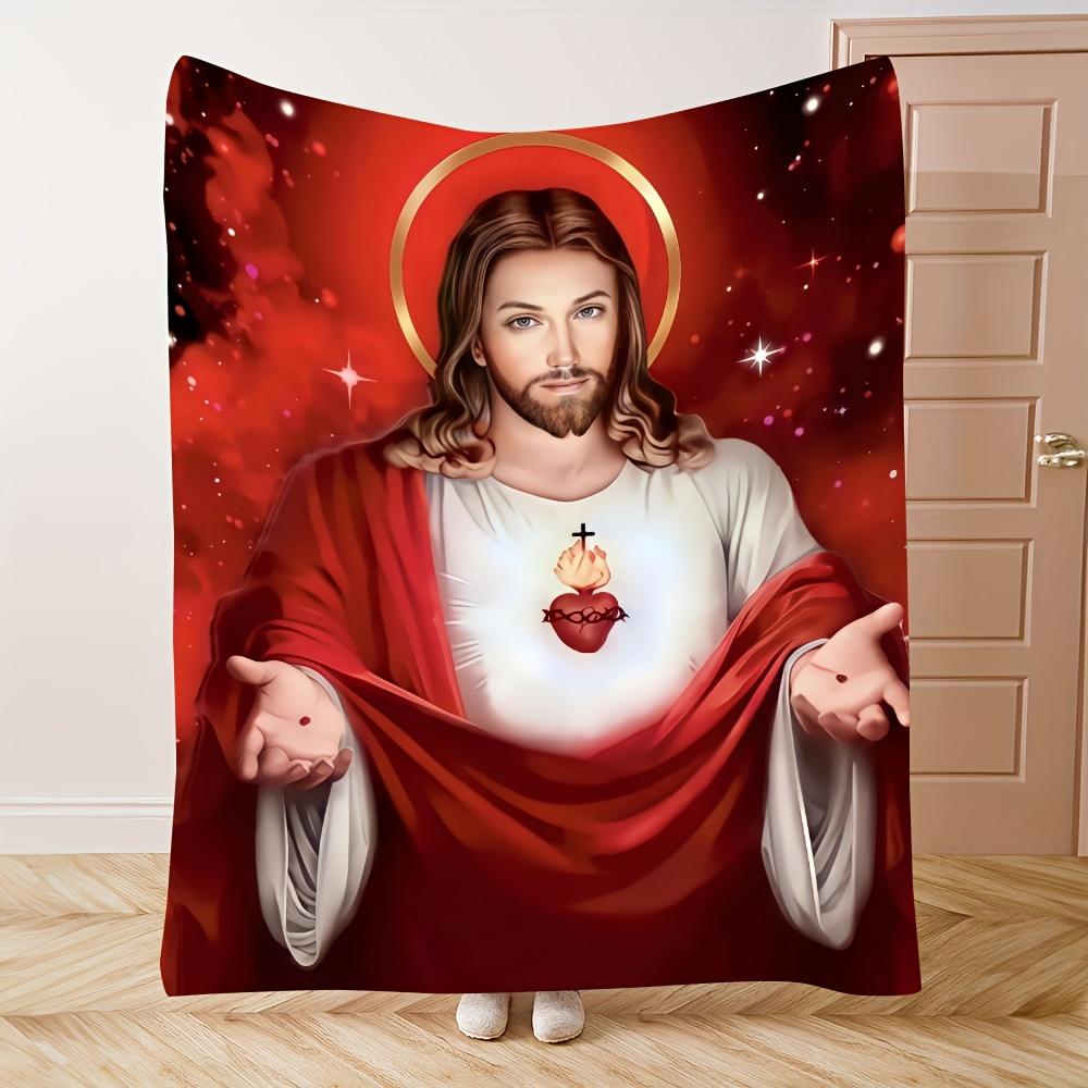 Sacred Jesus Sacred Heart Flannel Blanket, Warm and Comfortable Religious Theme Blanket for Home Decor with Elegant Red