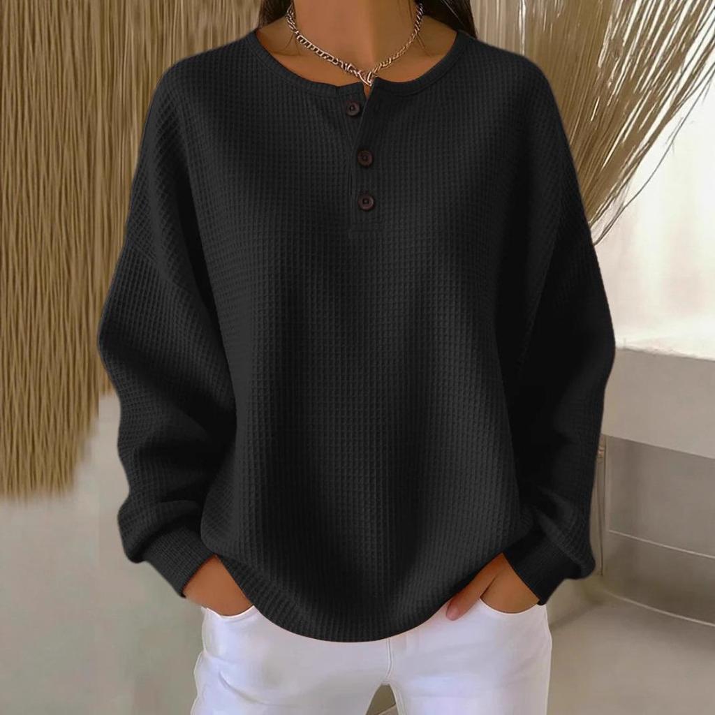 Women's Long Sleeve V-Neck Button Detail Waffle Knit Top