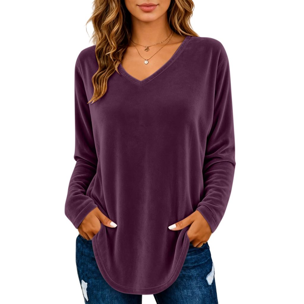 Women's Color V-Neck Long Sleeve Pullover Top for Casual Commuting and Daily Wear