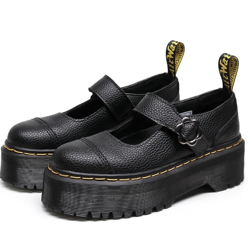 

thick-soled characters with Mary Jane women s shoes, first-layer leather small leather shoes, lychee pattern fashion college style muffin bottom 35 чёрный