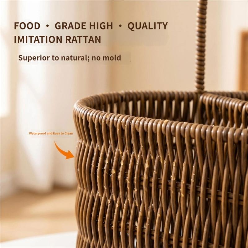 Portable Tableware Basket with Top Handle, Artificial Wicker PE Flatware Holder for Dining Table Service, Counter Storage, and Outdoor Meals